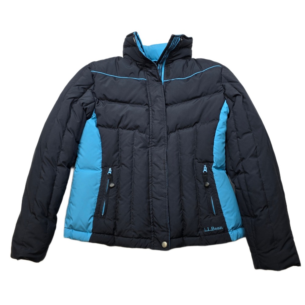 LL Bean Goose Down Puffer Jacket Womens Medium Black Blue Winter 90s Y2K VTG